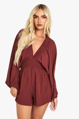 boohoo Dam Cheescloth Plunge Långärmad Jumpsuit | Rust | Storlek 36