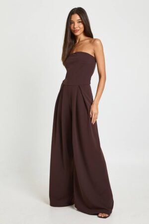 boohoo Dam Jumpsuit i Crepe med Bandeau och Extra Vida Ben | Chocolate | Storlek 44