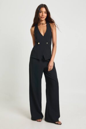 boohoo Dam Jumpsuit med Guldknappar och Omlottfront | Black | Storlek 36