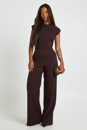boohoo Dam Jumpsuit med Rynkad Midja och Vida Ben | Chocolate | Storlek 42