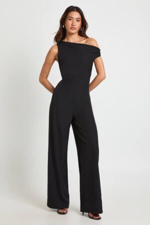 boohoo Dam Linen Look Asymmetric Neck Line Wide Leg Jumpsuit | Black | Storlek 44