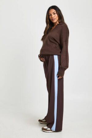 boohoo Dam Mammakläder Kontrastränder Vida Byxor | Chocolate | Storlek 46