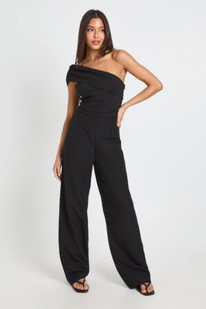 boohoo Dam One Shoulder Ruched Detail Wide Leg Jumpsuit | Black | Storlek 44