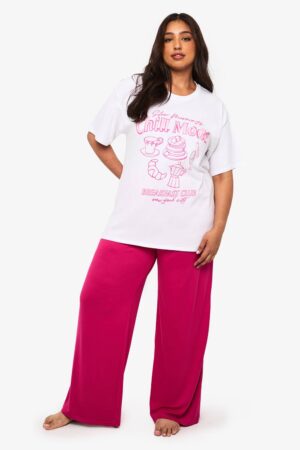 boohoo Dam Plus Chill Mode Frukost Slogan T-Shirt & Byxor Pyjamas Set | Pink | Storlek 46
