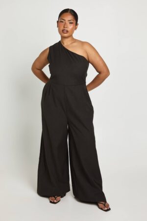 boohoo Dam Plus Linen One Shoulder Jumpsuit | Black | Storlek 48