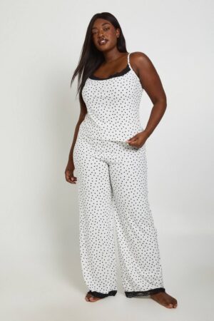 boohoo Dam Plus Polka Dot Cami And Trouser Pyjama Set | Black/White | Storlek 48
