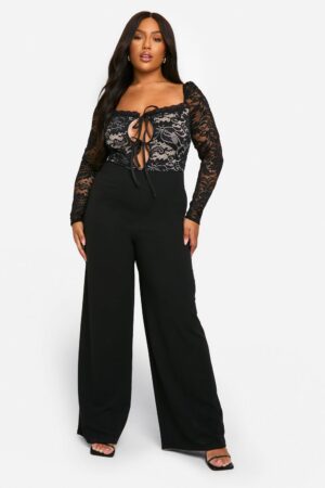 boohoo Dam Plus Spets med knytfront och vida ben i jumpsuit | Black | Storlek 56