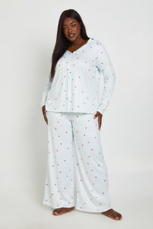 boohoo Dam Plus Stripe And Fruit Print Long Sleeve Shirt & Trouser Pyjama Set | Blue | Storlek 48