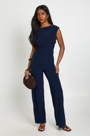 boohoo Dam Ruched Asymmetric Wide Leg Jumpsuit | Navy | Storlek 44