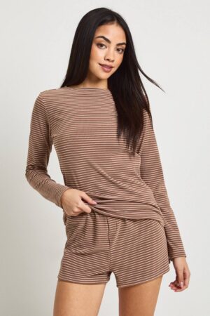 boohoo Dam Soft Rib Stripe Long Sleeve Top & Short Pyjama Set | Chocolate | Storlek 34