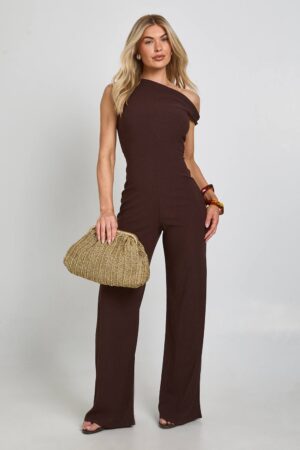 boohoo Dam Textured Asym Neck Wide Leg Jumpsuit | Chocolate | Storlek 44