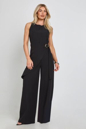 boohoo Dam Wrap Waist Gold Trim Wide Leg Jumpsuit | Black | Storlek 44
