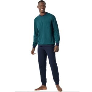 Schiesser Essential Nightwear Pyjamas Crew Neck Blå/Grön bomull Medium Herr