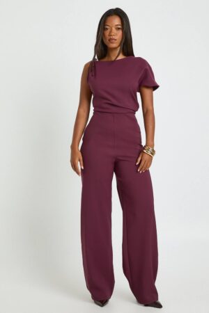 boohoo Dam Asymmetrisk Rynkad Jumpsuit med Vida Ben | Plum | Storlek 44