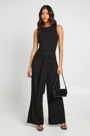boohoo Dam Belted Gold Trim Detail Wide Leg Jumpsuit | Black | Storlek 44