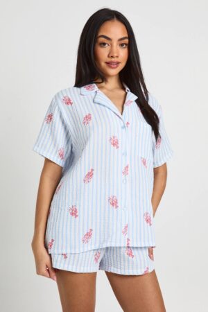 boohoo Dam Cotton Stripe Lobster Print Short Sleeve Shirt & Short Pyjama Set | Light Blue | Storlek 42