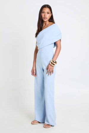 boohoo Dam Jersey Crepe Bardot Wide Leg Jumpsuit | Pastel Blue | Storlek 44