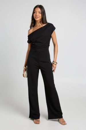 boohoo Dam Jersey Crepe Drape Shoulder Wide Leg Jumpsuit | Black | Storlek 44