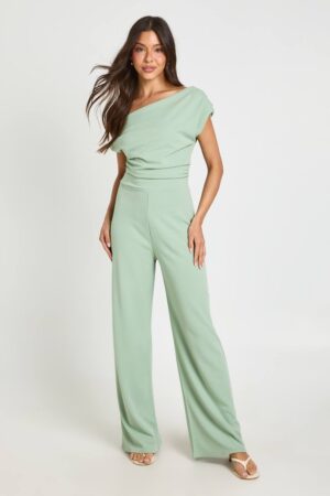 boohoo Dam Jersey Crepe Drape Shoulder Wide Leg Jumpsuit | Sage | Storlek 44