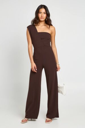 boohoo Dam One Shoulder Drape Detail Straight Leg Jumpsuit | Chocolate | Storlek 44