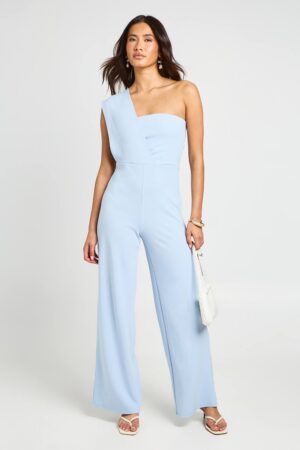 boohoo Dam One Shoulder Drape Detail Straight Leg Jumpsuit | Pastel Blue | Storlek 44