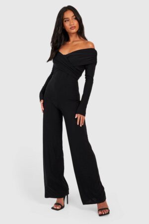 boohoo Dam Petite Premium Slinky Twist Front Bardot Jumpsuit | Black | Storlek 44