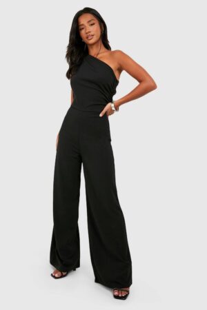 boohoo Dam Petite Rynkad Jumpsuit med Asymmetrisk Halsringning | Black | Storlek 38