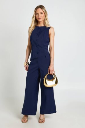 boohoo Dam Petite Waistcoat Wide Leg Jumpsuit | Navy | Storlek 44