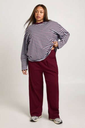 boohoo Dam Plus Ribbstickade Plisserade Balloon Joggers | Wine | Storlek 48