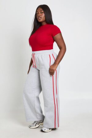 boohoo Dam Plus Side Stripe Wide Leg Joggers | Grey Marl | Storlek 48