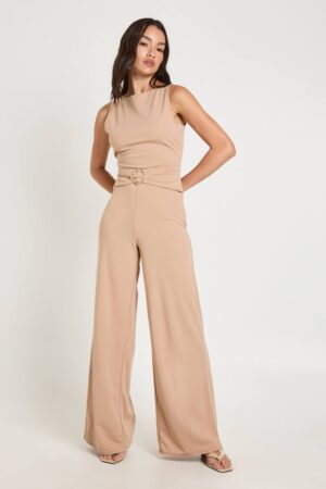 boohoo Dam Slash Neck Waist Detail Wide Leg Jumpsuit | Camel | Storlek 44