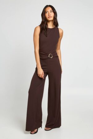 boohoo Dam Slash Neck Waist Detail Wide Leg Jumpsuit | Chocolate | Storlek 44