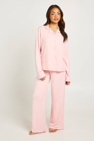 boohoo Dam Soft Jersey Long Sleeve Top & Trousers Pyjama Set | Baby Pink | Storlek 34