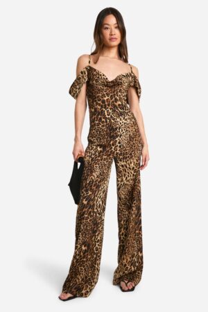 boohoo Dam Tall Leopardmönstrad jumpsuit med drapering och vida ben | Natural | Storlek 36