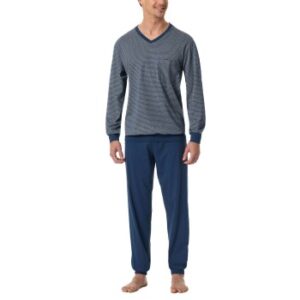 Schiesser Comfort Essentials V-Neck Long Pyjamas Blå bomull Small Herr