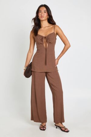 boohoo Dam 2 I 1 Linnelook Jumpsuit Med Knytdetalj Och Vida Ben | Chocolate | Storlek 44