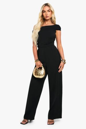 boohoo Dam Asymmetrisk Draperad Skräddarsydd Jumpsuit med Vida Ben | Black | Storlek 42