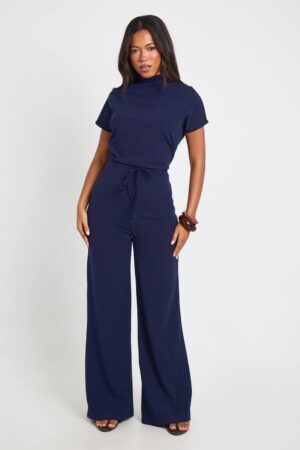 boohoo Dam Crêpe Jumpsuit Med Bred Passform, Påväxt Halsringning Och Dragsko I Midjan | Navy | Storlek 44