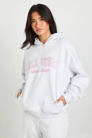 boohoo Dam Ditsy All Star Appliqué OverStorlekd Hoodie | Ash Grey | Storlek Medium
