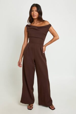 boohoo Dam Draperad Bardot Jumpsuit Med Vida Ben | Chocolate | Storlek 44