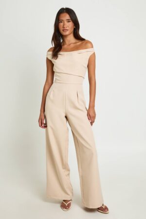 boohoo Dam Draperad Bardot-jumpsuit Med Vida Ben | Sand | Storlek 44