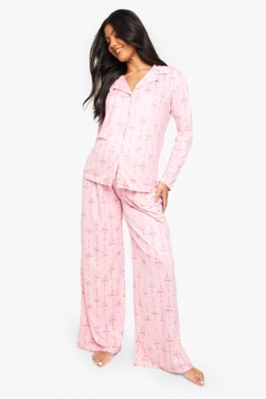boohoo Dam GRAVID ROSA ROSSETT-MÖNSTRAD KORTÄMMLIG SKJORTA OCH SHORTS | Pink | Storlek 42