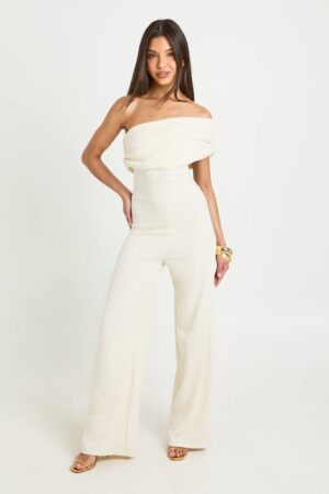 boohoo Dam Jumpsuit I Jersey-crepe Med Bardot-ringning Och Vida Ben | Ivory | Storlek 44