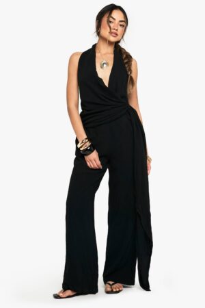 boohoo Dam Linnelook Draperad Kowlomslag Jumpsuit | Black | Storlek 38