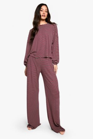 boohoo Dam Loungewear-set med randigt långärmad topp & byxor - för längre personer | Burgundy | Storlek 42