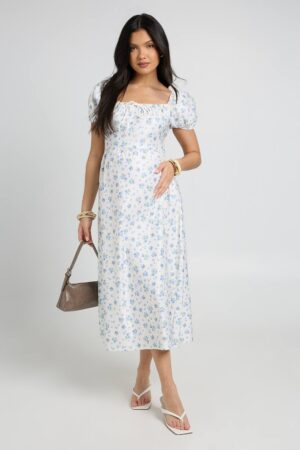 boohoo Dam Mammakläder Blommig Milkmaid Midiklänning | Ivory | Storlek 46