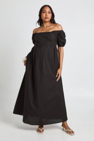 boohoo Dam Mammakläder Linne Puffärm Rynkad Maxiklänning | Black | Storlek 46