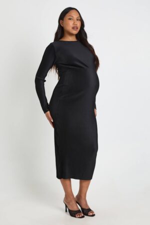 boohoo Dam Mammakläder Plisserad Midaxiklänning Med Fladdermösärmar | Black | Storlek 46