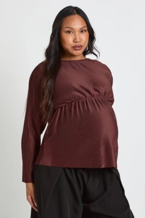 boohoo Dam Mammakläder Plisserad Smock-topp | Chocolate | Storlek 46