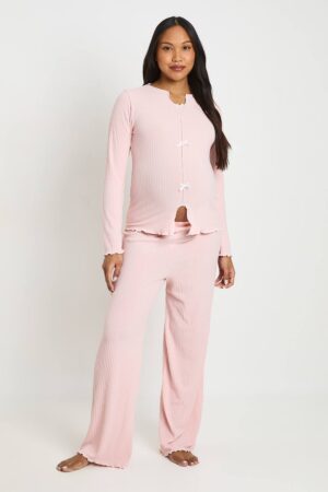 boohoo Dam Mammakläder Ribbad Pyjamasset Med Rosettdetalj Och Långa Ärmar | Pink | Storlek 46